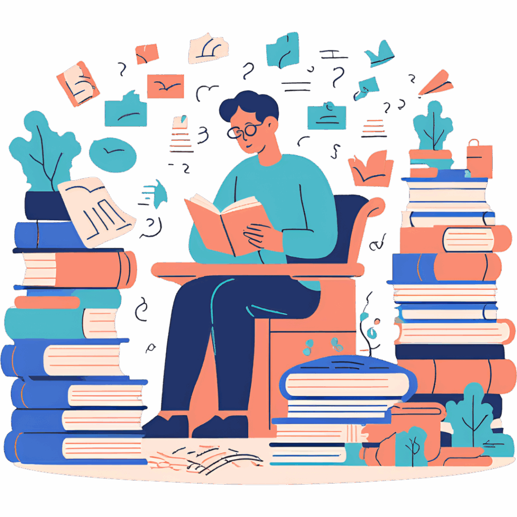 Student przetwarzajacy informacje z ksiazek podczas pisania pracy dyplomowej Student przetwarzajacy informacje z ksiazek podczas pisania pracy dyplomowej