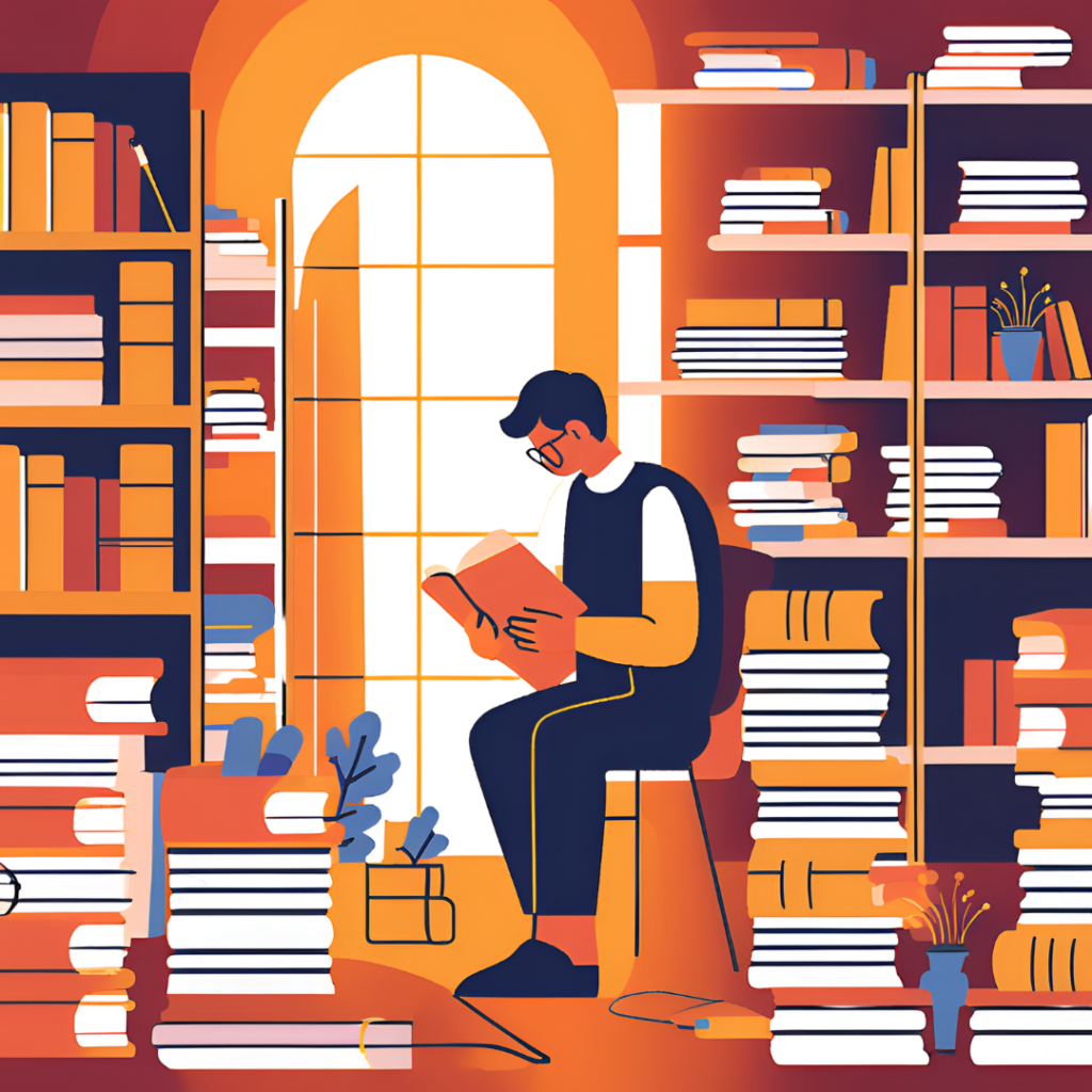 Student w okularach czytajacy ksiazke w bibliotece pelnej regalow Student w okularach czytajacy ksiazke w bibliotece pelnej regalow