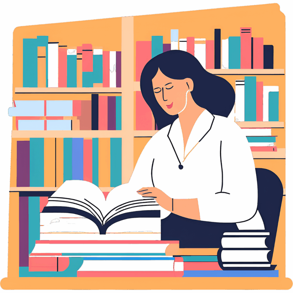 Studentka w sluchawkach skupiona na czytaniu ksiazki w bibliotece