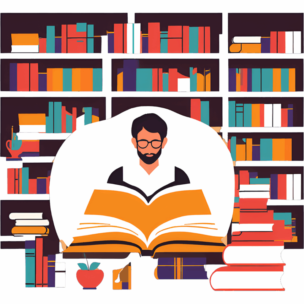 Mezczyzna w okularach czytajacy ksiazke na tle sciany pelnej regalow z literatura Mezczyzna w okularach czytajacy ksiazke na tle sciany pelnej regalow z literatura