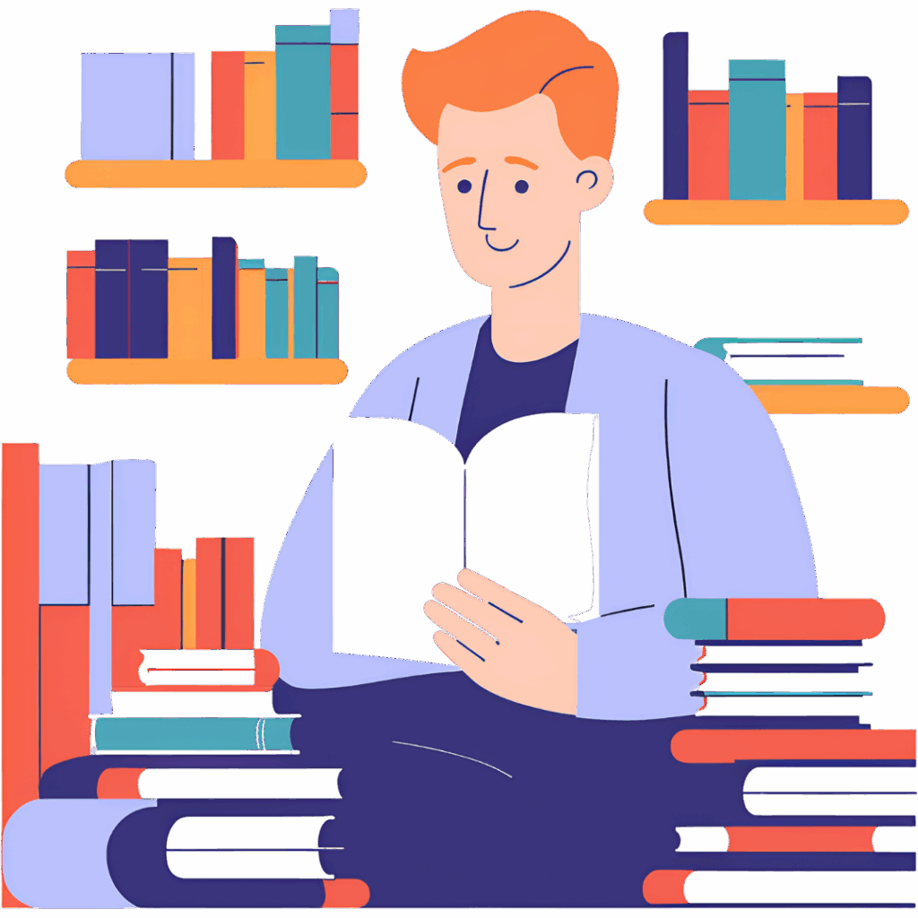 Pomoc w pisaniu prac naukowych - grafika przedstawiajaca studenta podczas zaglebiania sie w temat