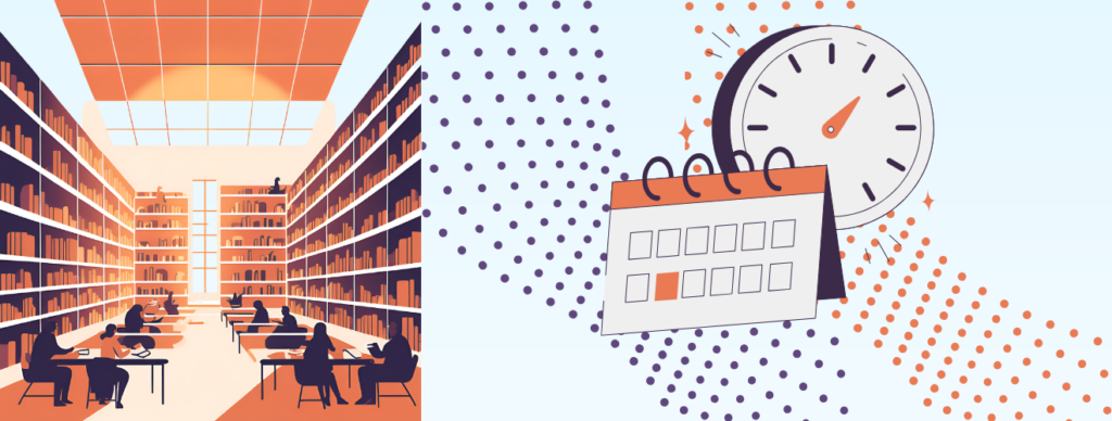 Praca nad bibliografią w bibliotece - studenci zbierający źródła i planujący czas pisania pracy
