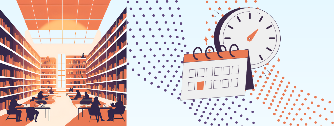 Praca nad bibliografią w bibliotece - studenci zbierający źródła i planujący czas pisania pracy