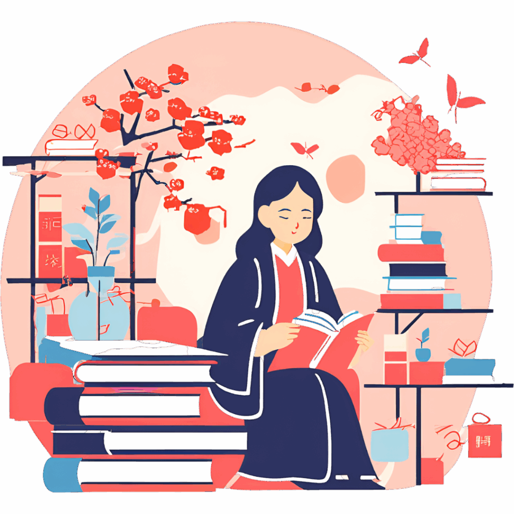 Kobieta w todze akademickiej czytajaca ksiazke w otoczeniu literatury i kwitnacych galezi Kobieta w todze akademickiej czytajaca ksiazke w otoczeniu literatury i kwitnacych galezi