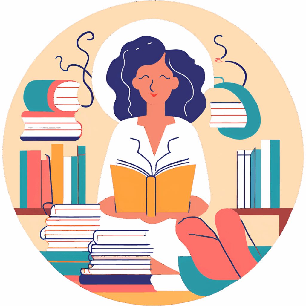 Zadowolona studentka czytajaca ksiazke w otoczeniu literatury naukowej Zadowolona studentka czytajaca ksiazke w otoczeniu literatury naukowej