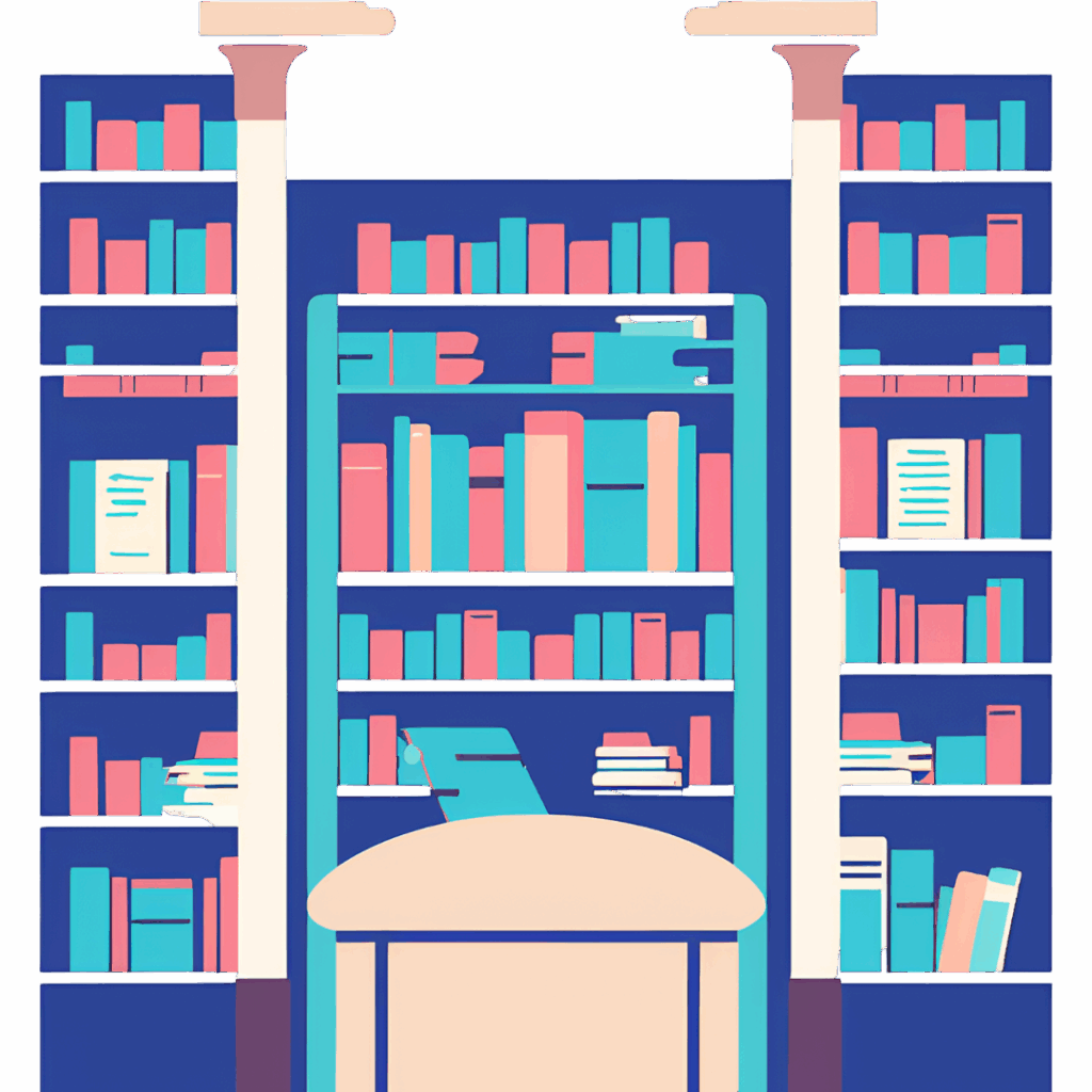 Wnetrze biblioteki uniwersyteckiej z biurkiem i regalem pelnym ksiazek