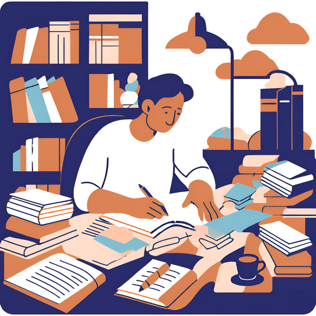 Pomoc w pisaniu prac - ilustracja przedstawiajaca studenta podczas tworzenia pracy dyplomowej Pomoc w pisaniu prac - ilustracja przedstawiajaca studenta podczas tworzenia pracy dyplomowej