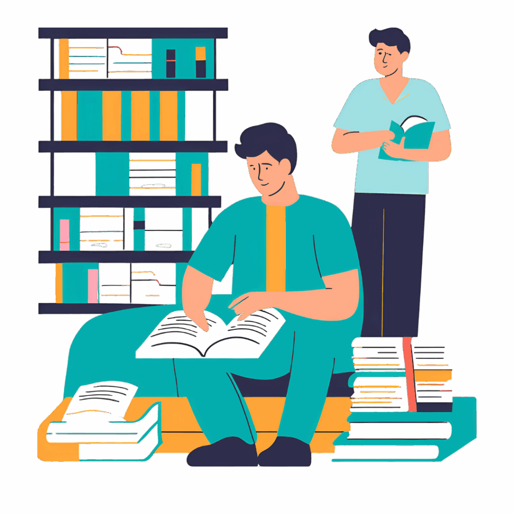 Dwoch studentow w bibliotece przygotowujacych sie do pisania pracy dyplomowej Dwoch studentow w bibliotece przygotowujacych sie do pisania pracy dyplomowej