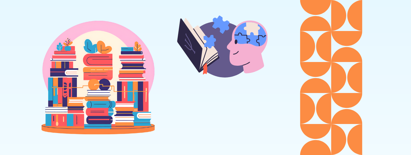 Grafika z literaturą naukową i puzzlami w głowie symbolizująca pisanie prac zaliczeniowych
