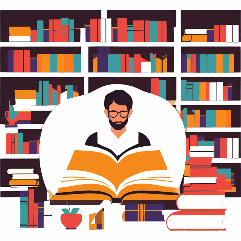 Mezczyzna w okularach czytajacy ksiazke na tle sciany pelnej regalow z literatura Mezczyzna w okularach czytajacy ksiazke na tle sciany pelnej regalow z literatura