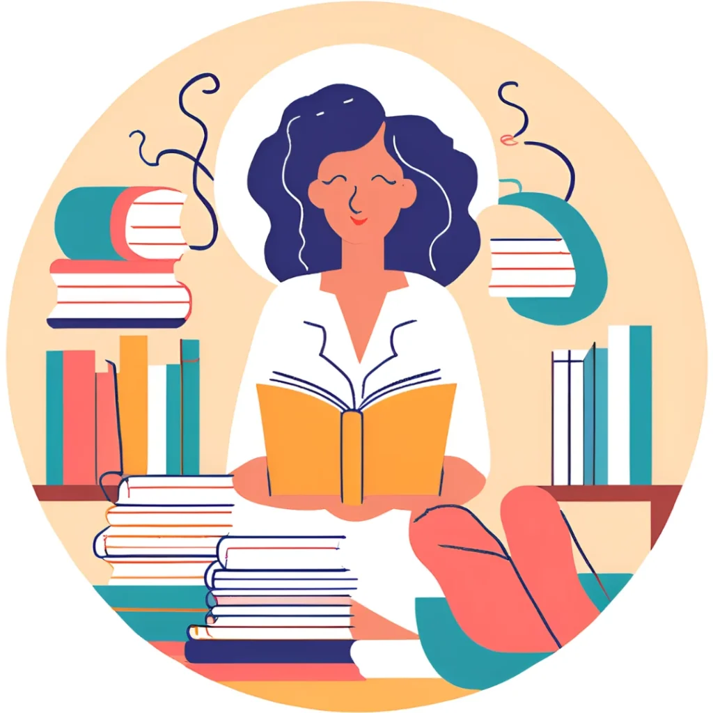 Radosc z nauki - usmiechnieta studentka z ksiazka w otoczeniu literatury Radosc z nauki - usmiechnieta studentka z ksiazka w otoczeniu literatury