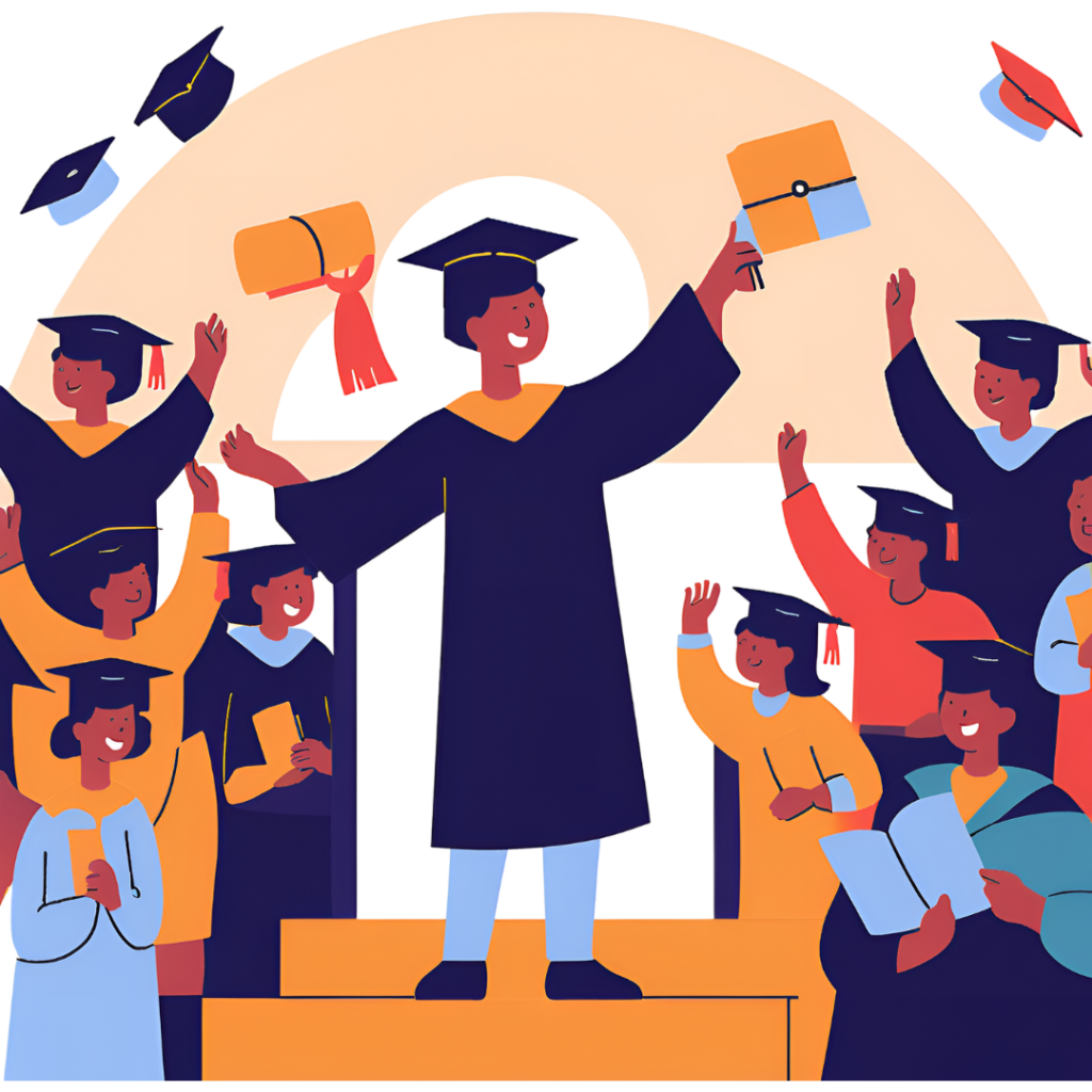 Cel osiagniety - ilustracja radosnych studentow po obronie pracy dyplomowej Cel osiagniety - ilustracja radosnych studentow po obronie pracy dyplomowej