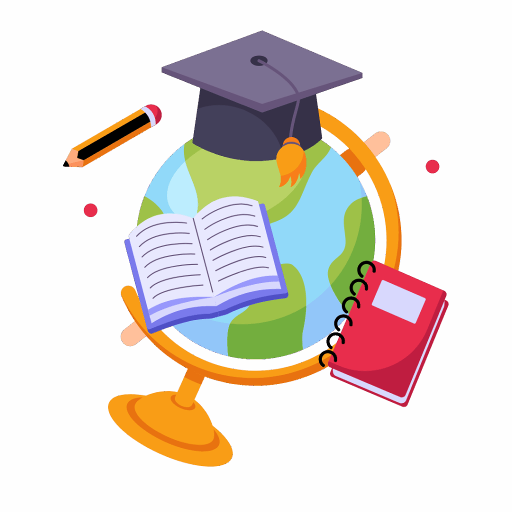 Globus z nalozeniem biretem, otwarta ksiazka, zeszytem i olowkiem. Symbol globalnej edukacji i wiedzy