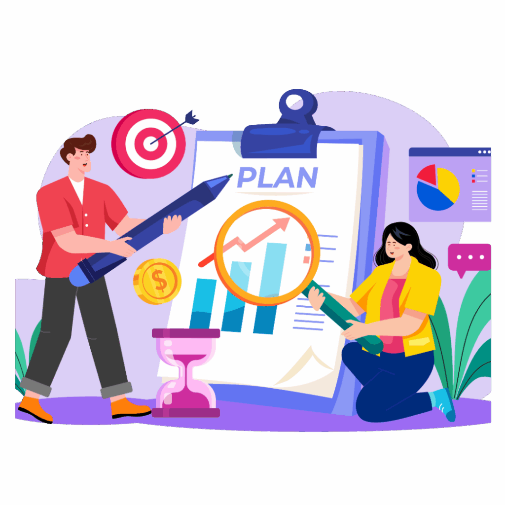 Kobieta i mezczyzna analizujacy strategie biznesowa na karcie "PLAN" z wykresem wzrostu, lupa i tarcza celow