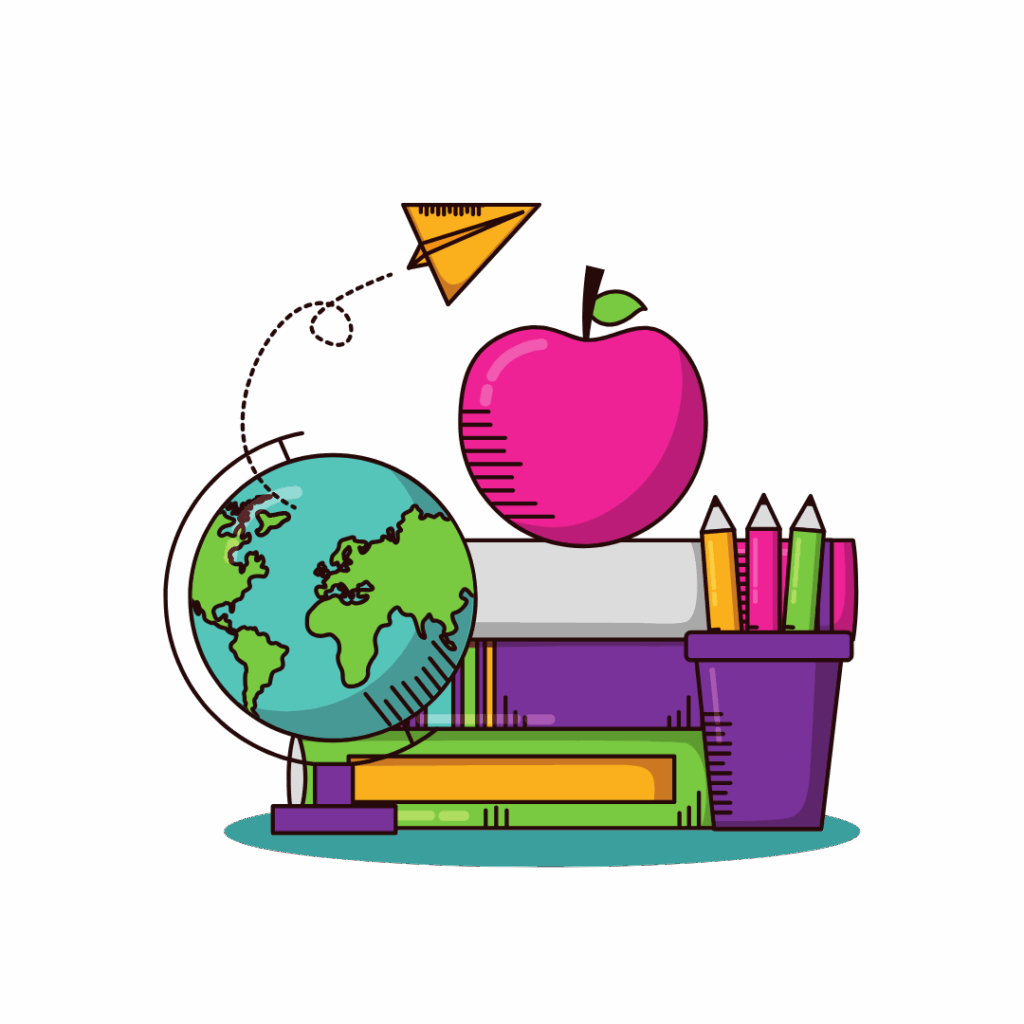 Globus jablko ksiazki olowki symbol nauki i szkoly